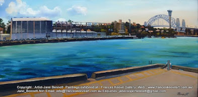 oil painting of White Bay and the Sydney Harbour Bridge from Glebe Island wharf by artist Jane Bennett